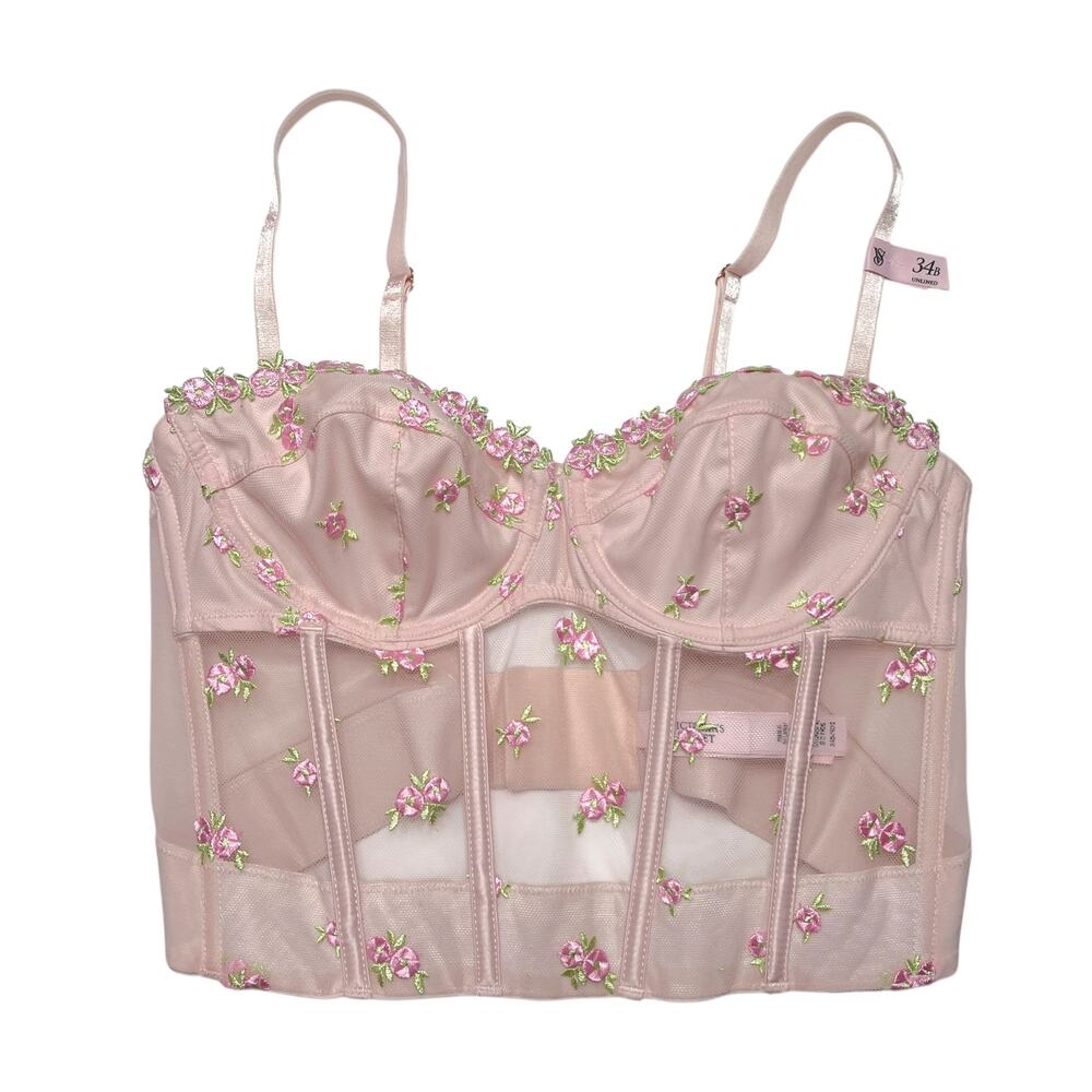 Victoria's Secret Rosebud Embroidery Unlined Strapless Plunge-Back Corset 34B
